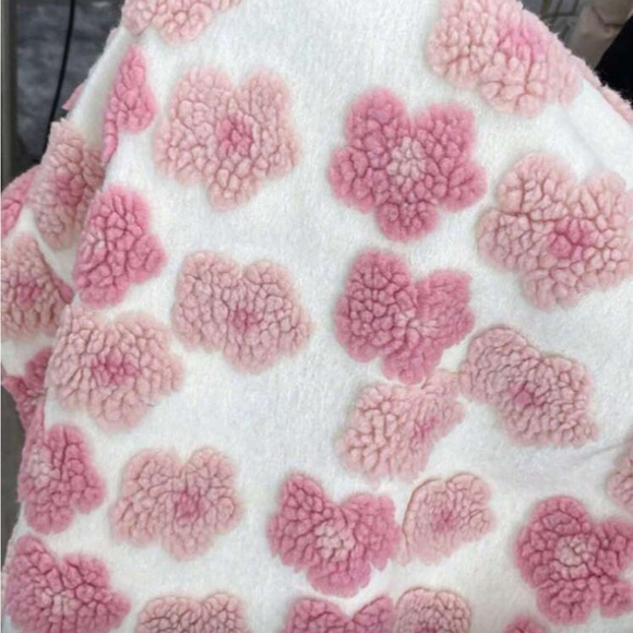 Boho Luxe White Pink Textured Floral Sherpa Zip Front Jacket Coat Holiday - Picture 8 of 9